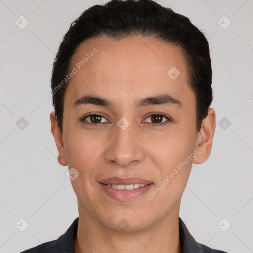 Joyful white young-adult male with short  black hair and brown eyes