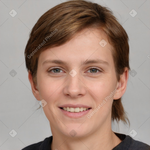 Joyful white young-adult female with medium  brown hair and grey eyes