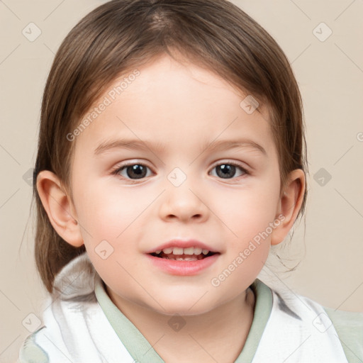 Joyful white child female with medium  brown hair and brown eyes