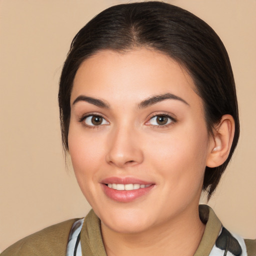 Joyful white young-adult female with medium  brown hair and brown eyes