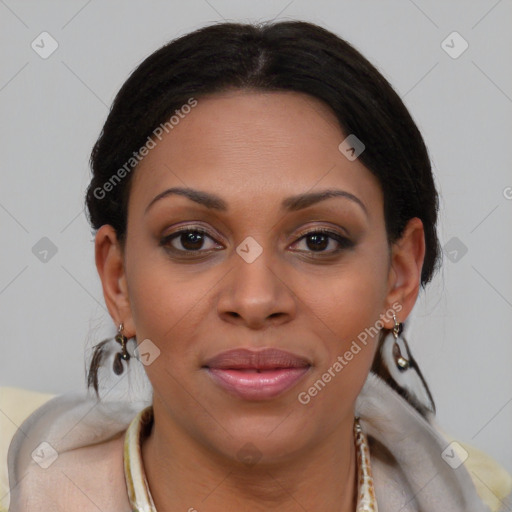 Joyful latino young-adult female with medium  brown hair and brown eyes
