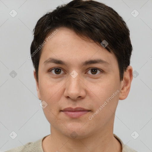 Joyful white young-adult female with short  brown hair and brown eyes