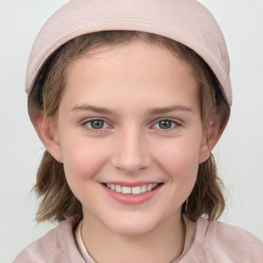 Joyful white child female with medium  brown hair and brown eyes