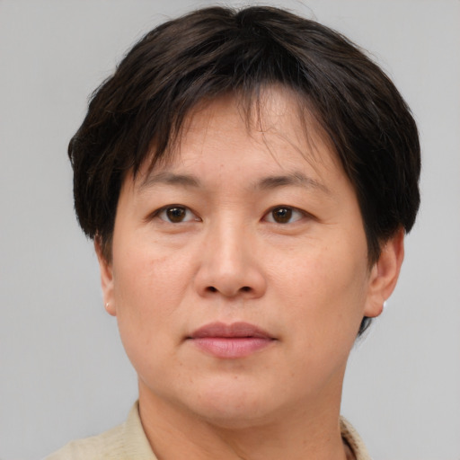 Neutral asian adult female with short  brown hair and brown eyes