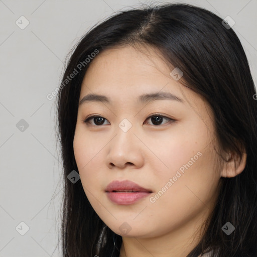 Neutral asian young-adult female with long  brown hair and brown eyes