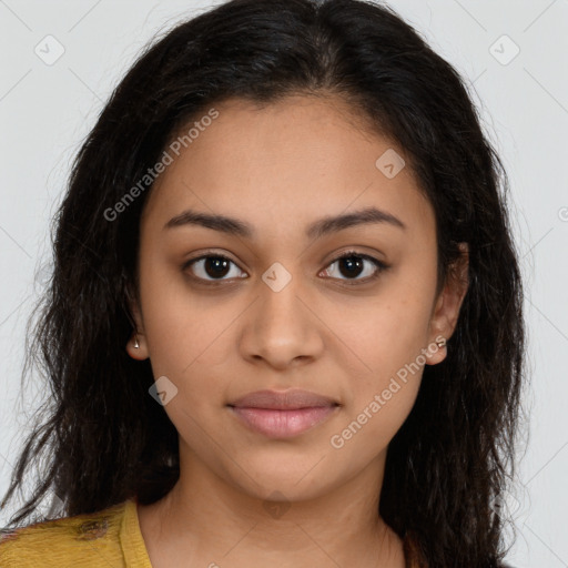 Joyful latino young-adult female with long  brown hair and brown eyes