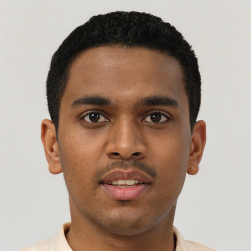 Neutral black young-adult male with short  brown hair and brown eyes
