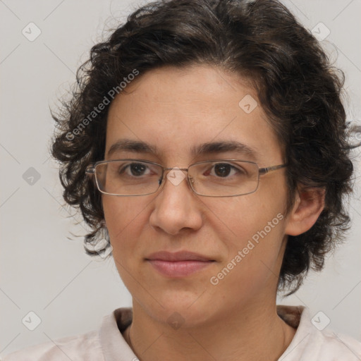 Joyful white adult female with short  brown hair and brown eyes