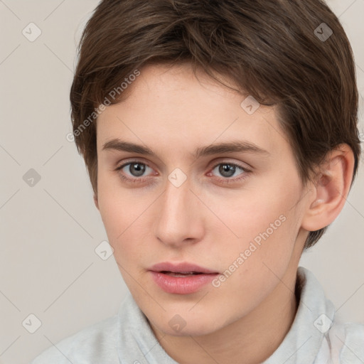 Neutral white young-adult female with short  brown hair and brown eyes