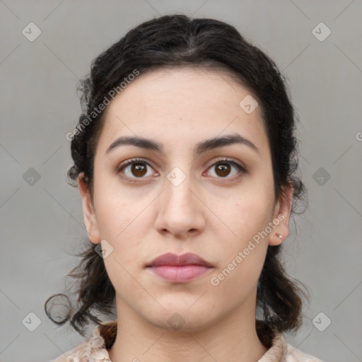 Neutral white young-adult female with medium  brown hair and brown eyes