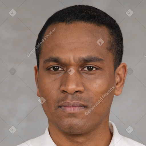 Neutral black young-adult male with short  black hair and brown eyes