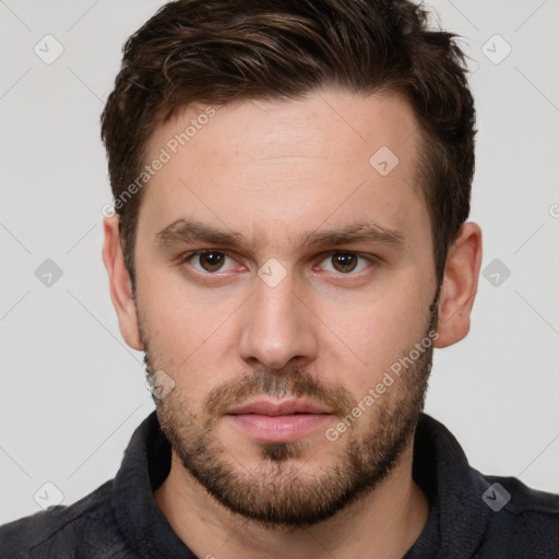 Neutral white young-adult male with short  brown hair and grey eyes