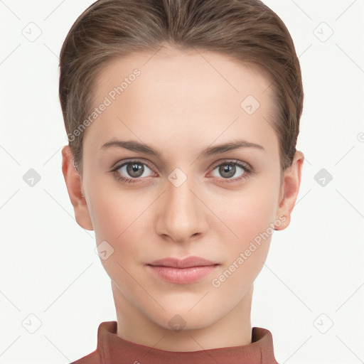 Neutral white young-adult female with short  brown hair and brown eyes