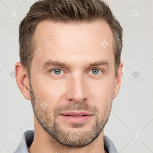 Neutral white young-adult male with short  brown hair and grey eyes