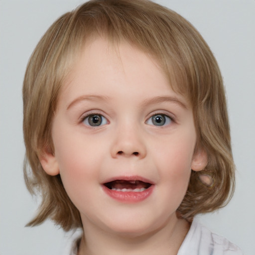 Joyful white child female with medium  brown hair and blue eyes