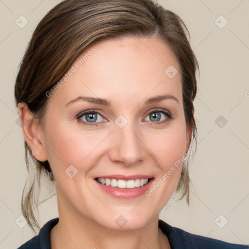 Joyful white young-adult female with medium  brown hair and blue eyes