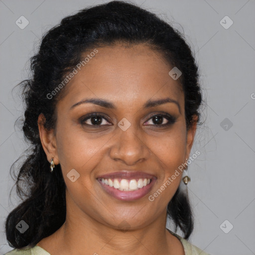 Joyful black young-adult female with medium  brown hair and brown eyes