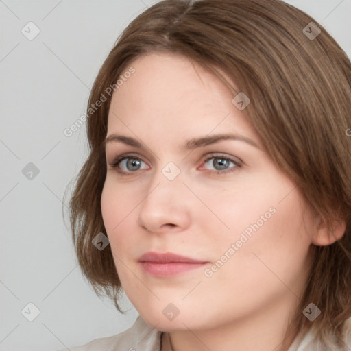 Neutral white young-adult female with medium  brown hair and grey eyes