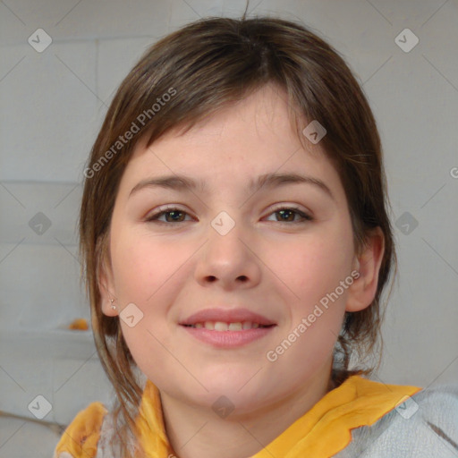 Joyful white child female with medium  brown hair and brown eyes