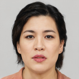 Neutral asian young-adult female with medium  brown hair and brown eyes