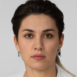 Neutral white young-adult female with short  brown hair and brown eyes