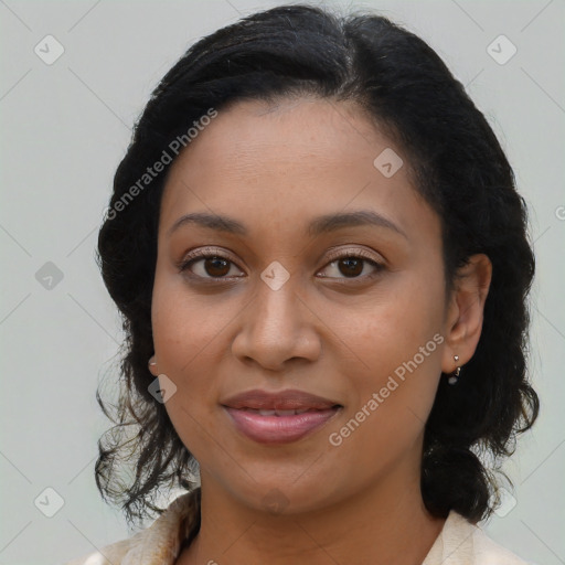 Joyful latino young-adult female with medium  brown hair and brown eyes