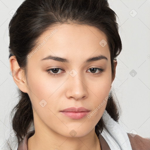 Neutral white young-adult female with medium  brown hair and brown eyes