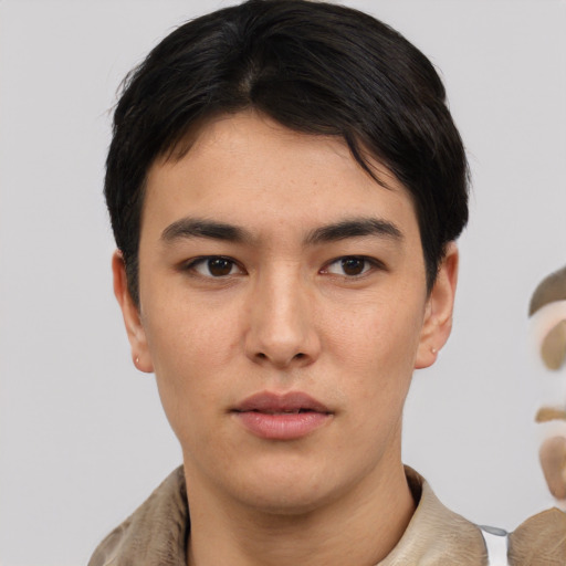 Neutral asian young-adult male with short  brown hair and brown eyes