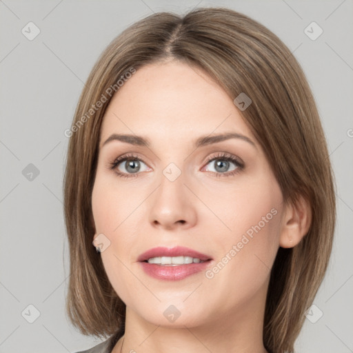 Joyful white young-adult female with medium  brown hair and grey eyes