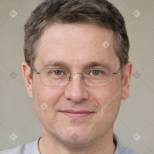 Joyful white middle-aged male with short  brown hair and brown eyes