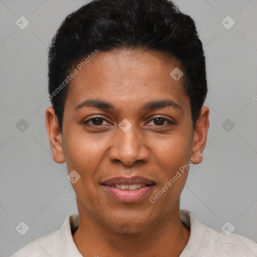 Joyful latino young-adult female with short  black hair and brown eyes