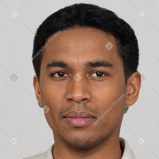 Neutral latino young-adult male with short  black hair and brown eyes