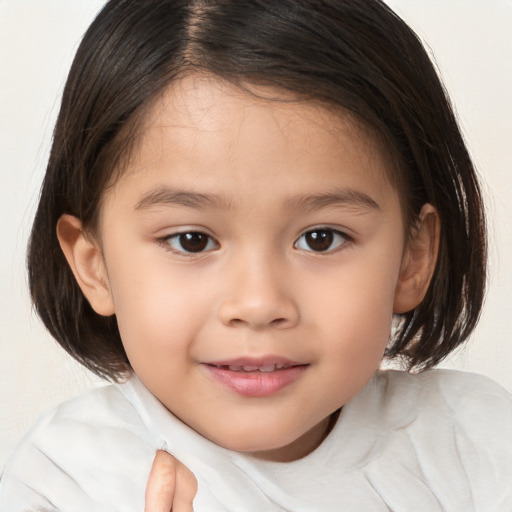 Joyful white child female with medium  brown hair and brown eyes