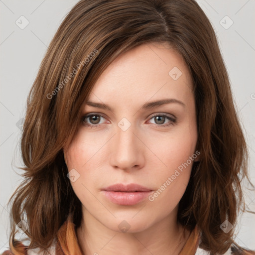 Neutral white young-adult female with medium  brown hair and grey eyes