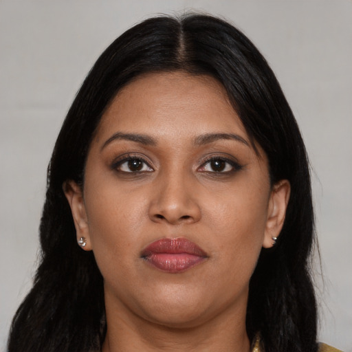 Neutral asian young-adult female with long  black hair and brown eyes