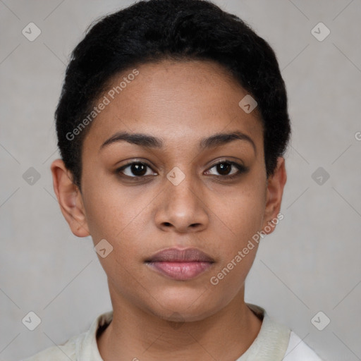 Neutral black young-adult female with short  black hair and brown eyes