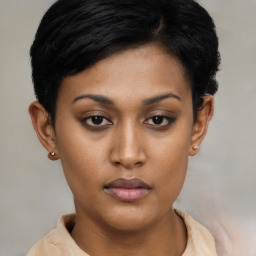 Neutral asian young-adult female with short  black hair and brown eyes