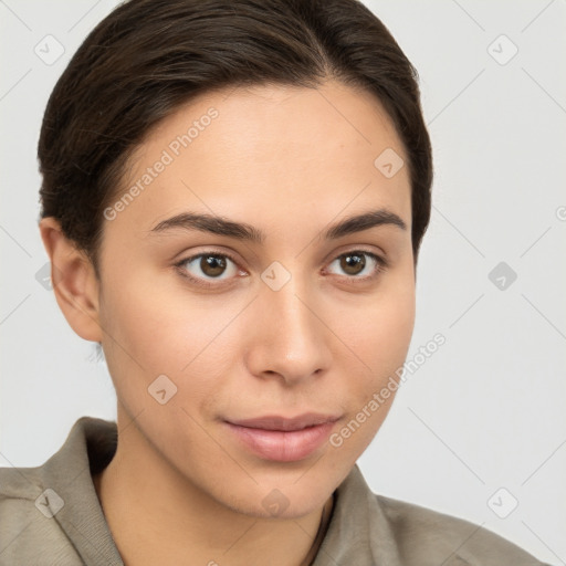 Joyful white young-adult female with long  brown hair and brown eyes