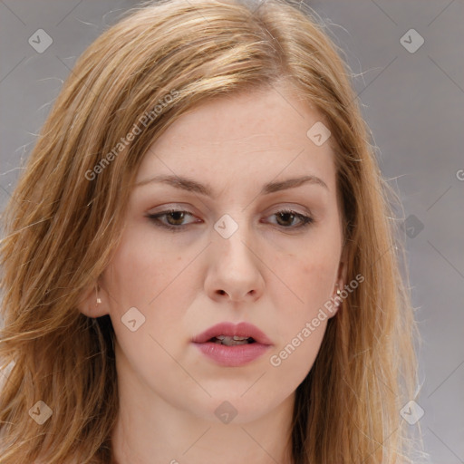 Neutral white young-adult female with long  brown hair and brown eyes