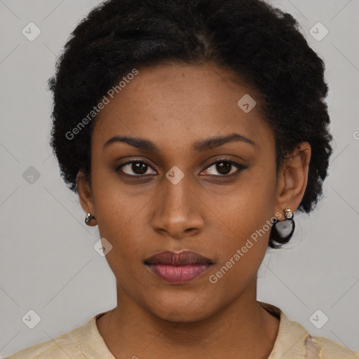 Neutral black young-adult female with short  black hair and brown eyes