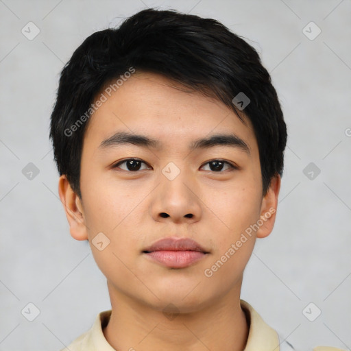 Neutral asian young-adult male with short  black hair and brown eyes