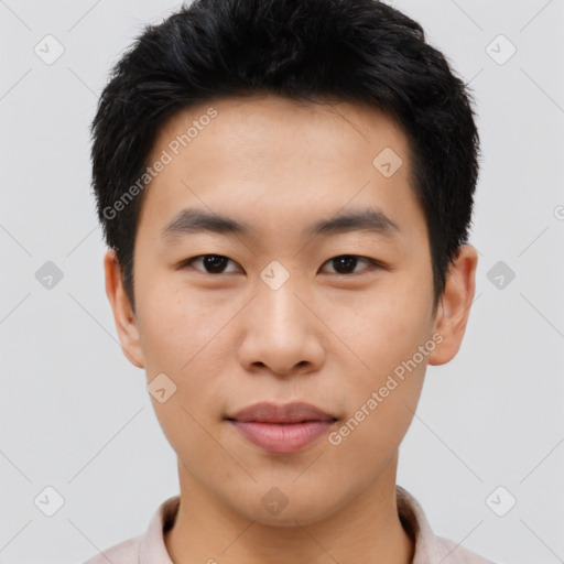 Neutral asian young-adult male with short  black hair and brown eyes