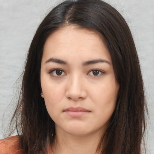 Neutral asian young-adult female with long  brown hair and brown eyes