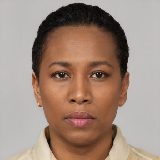 Neutral black young-adult female with short  black hair and brown eyes