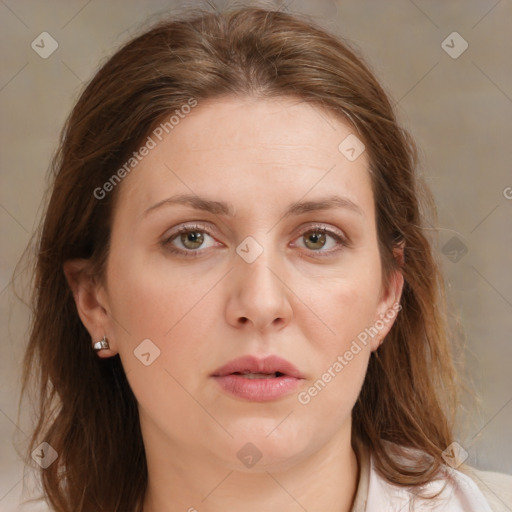 Neutral white young-adult female with medium  brown hair and brown eyes