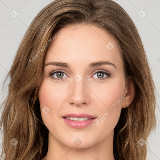 Joyful white young-adult female with long  brown hair and green eyes