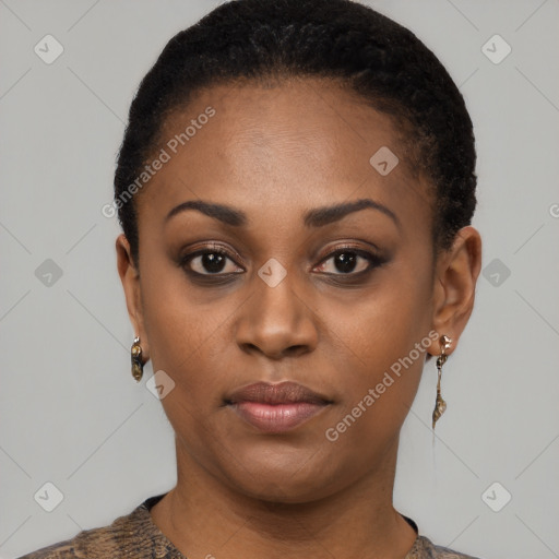 Neutral black young-adult female with short  black hair and brown eyes