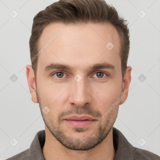 Neutral white young-adult male with short  brown hair and grey eyes