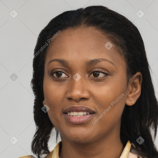 Joyful latino young-adult female with medium  black hair and brown eyes