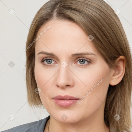 Neutral white young-adult female with long  brown hair and grey eyes